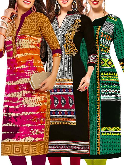 set of 3 multi colored cotton unstitched kurta - 13378626 - Very Small Image - 1