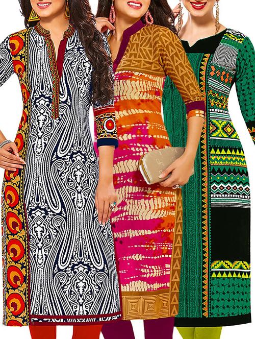 set of 3 multi colored cotton unstitched kurta - 13378627 - Very Small Image - 1