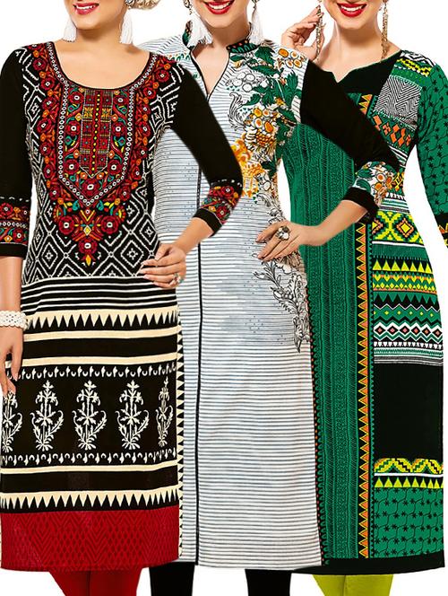 set of 3 multi colored cotton unstitched kurta - 13378629 - Very Small Image - 1