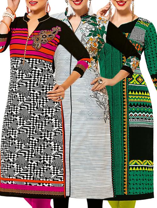 set of 3 multi colored cotton unstitched kurta - 13378630 - Very Small Image - 1