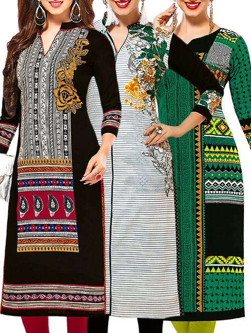 set of 3 multi colored cotton unstitched kurta - 13378632 - Very Small Image - 1