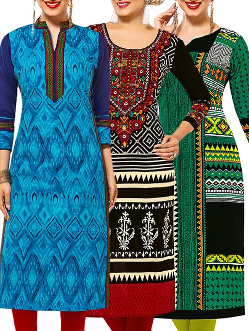 set of 3 multi colored cotton unstitched kurta - 13378634 - Very Small Image - 1