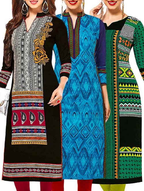 set of 3 multi colored cotton unstitched kurta - 13378637 - Very Small Image - 1