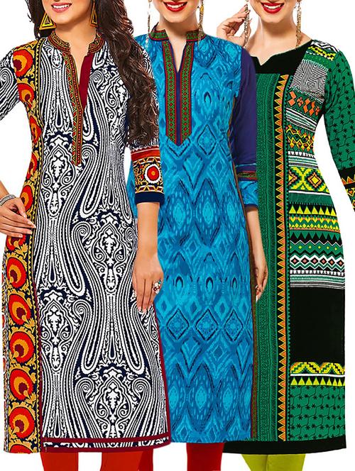 set of 3 multi colored cotton unstitched kurta - 13378638 - Very Small Image - 1
