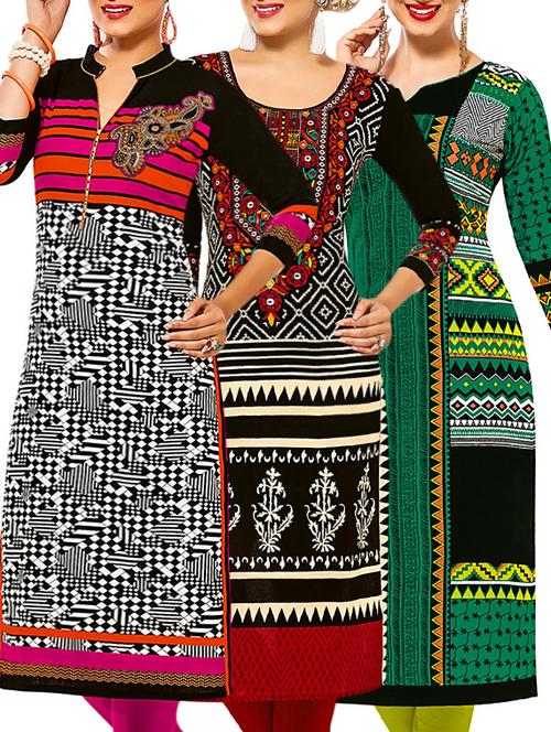 set of 3 multi colored cotton unstitched kurta - 13378639 - Very Small Image - 1
