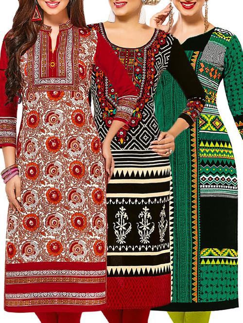 set of 3 multi colored cotton unstitched kurta - 13378640 - Very Small Image - 1