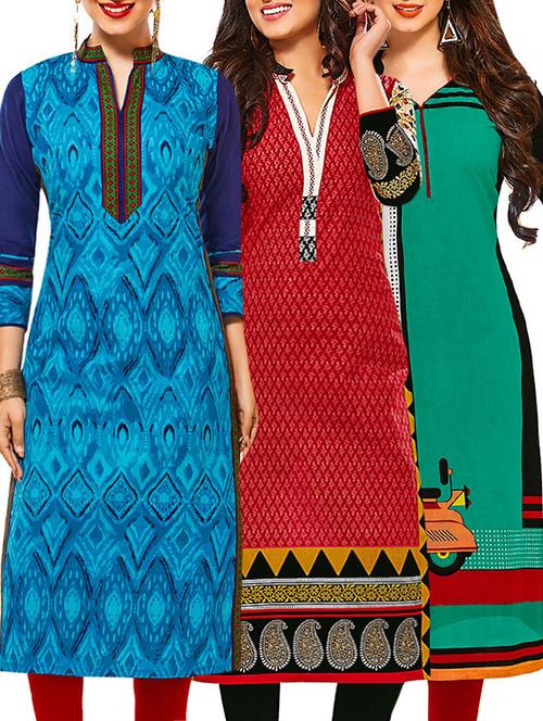 set of 3 multi colored cotton unstitched kurta - 13378657 - Very Small Image - 1