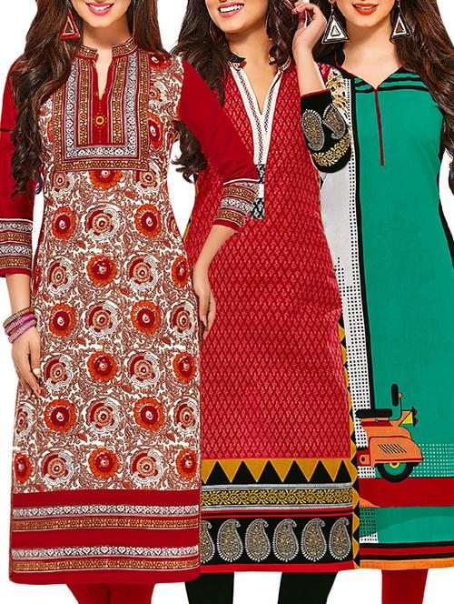 set of 3 multi colored cotton unstitched kurta - 13378660 - Very Small Image - 1