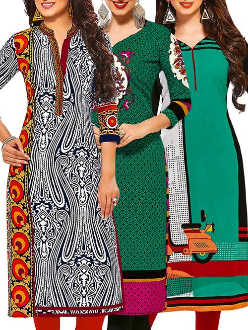 set of 3 multi colored cotton unstitched kurta - 13378698 - Very Small Image - 1