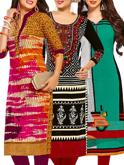 set of 3 multi colored cotton unstitched kurta - 13378728 - Very Small Image - 1
