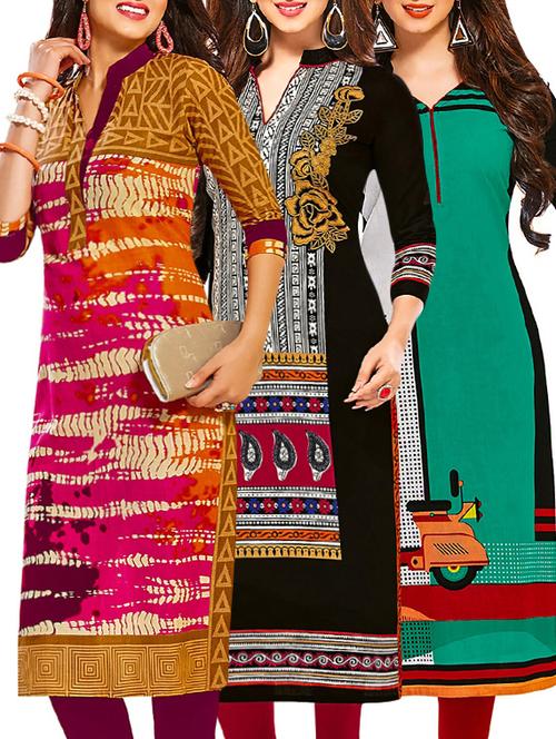 set of 3 multi colored cotton unstitched kurta - 13378731 - Very Small Image - 1