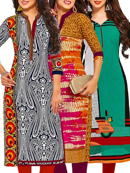set of 3 multi colored cotton unstitched kurta - 13378732 - Very Small Image - 1