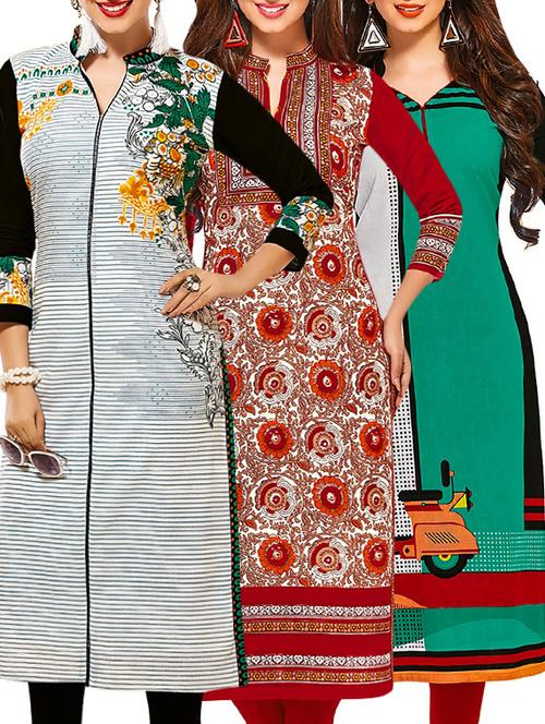 set of 3 multi colored cotton unstitched kurta - 13378736 - Very Small Image - 1