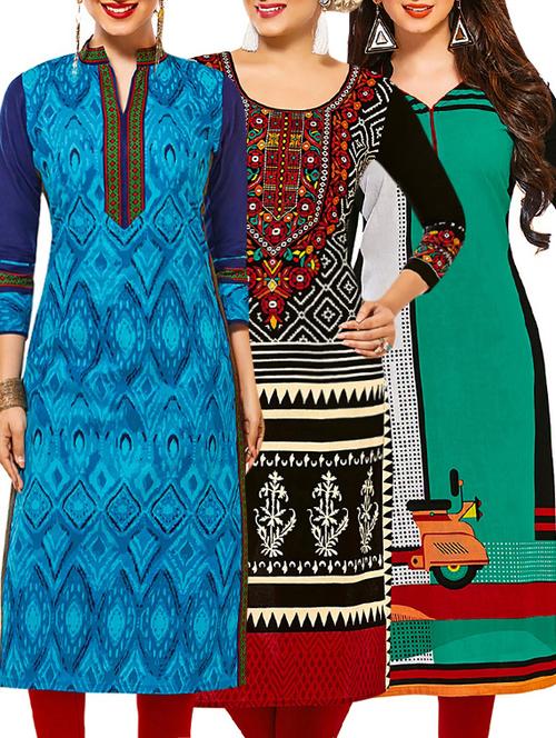 set of 3 multi colored cotton unstitched kurta - 13378739 - Very Small Image - 1