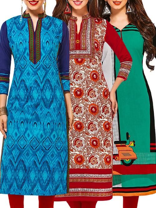 set of 3 multi colored cotton unstitched kurta - 13378741 - Very Small Image - 1