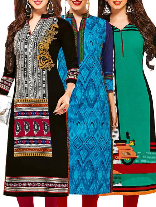 set of 3 multi colored cotton unstitched kurta - 13378742 - Very Small Image - 1