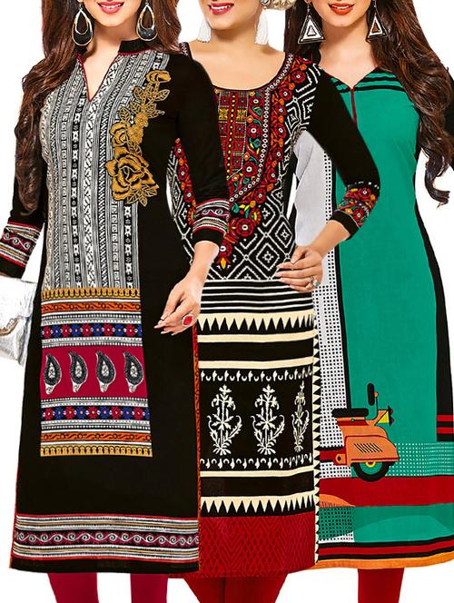 set of 3 multi colored cotton unstitched kurta - 13378746 - Very Small Image - 1