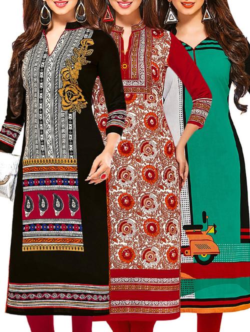 set of 3 multi colored cotton unstitched kurta - 13378751 - Very Small Image - 1