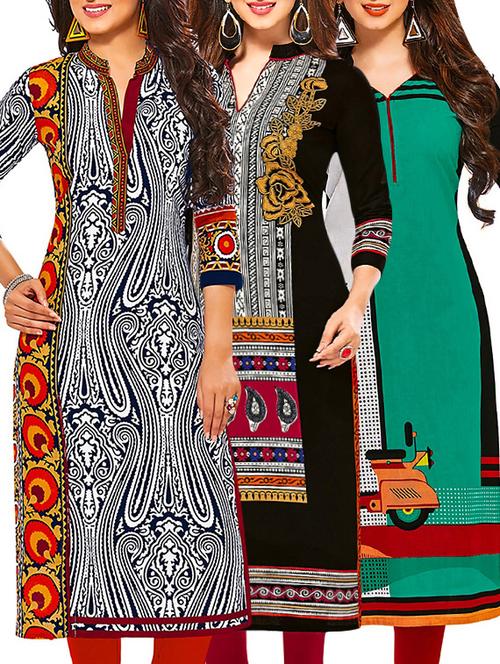 set of 3 multi colored cotton unstitched kurta - 13378753 - Very Small Image - 1