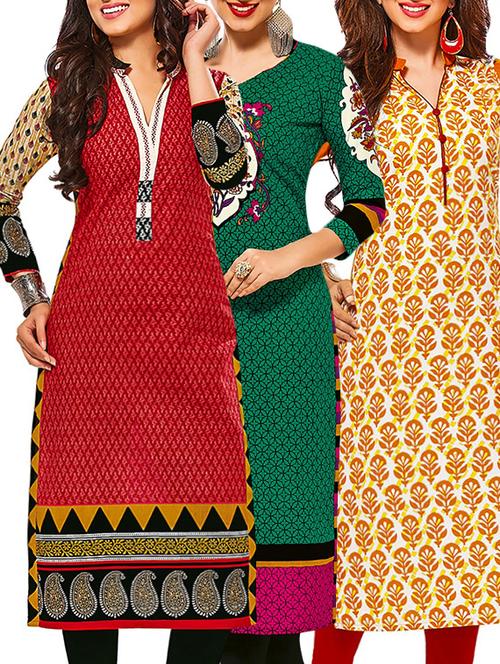 set of 3 multi colored cotton unstitched kurta - 13378755 - Very Small Image - 1