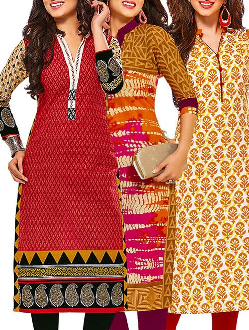 set of 3 multi colored cotton unstitched kurta - 13378759 - Very Small Image - 1