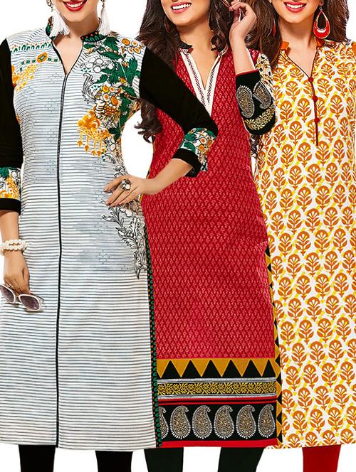 set of 3 multi colored cotton unstitched kurta - 13378760 - Very Small Image - 1