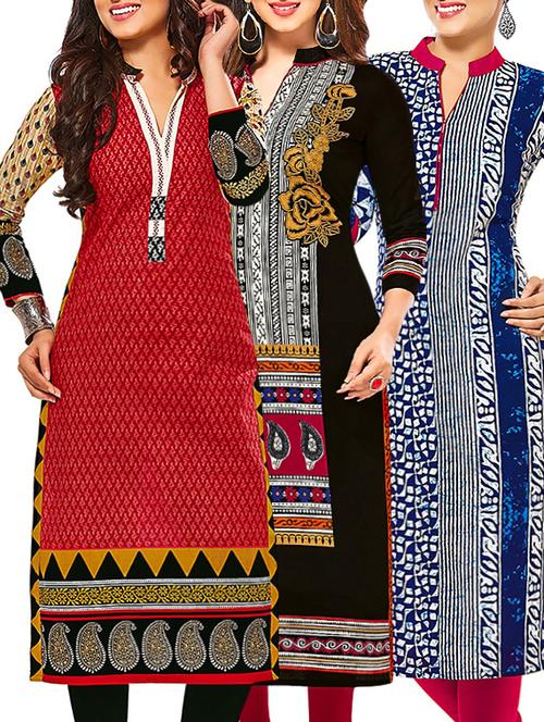 set of 3 multi colored cotton unstitched kurta - 13378777 - Very Small Image - 1