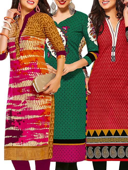 set of 3 multi colored cotton unstitched kurta - 13378782 - Very Small Image - 1
