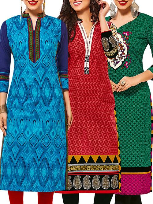 set of 3 multi colored cotton unstitched kurta - 13378784 - Very Small Image - 1