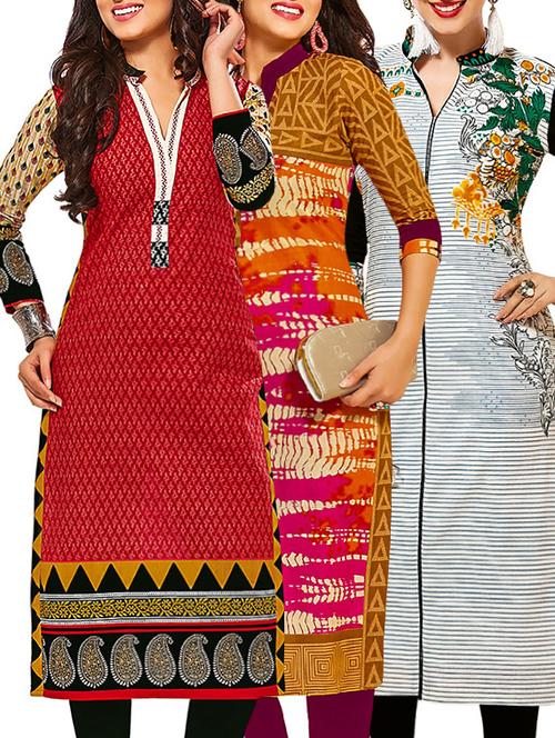 set of 3 multi colored cotton unstitched kurta - 13378817 - Very Small Image - 1