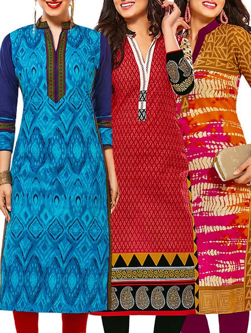 set of 3 multi colored cotton unstitched kurta - 13378818 - Very Small Image - 1