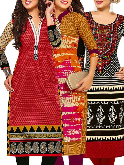 set of 3 multi colored cotton unstitched kurta - 13378819 - Very Small Image - 1