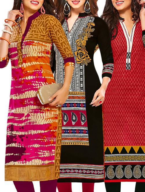 set of 3 multi colored cotton unstitched kurta - 13378822 - Very Small Image - 1