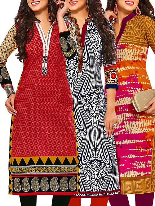 set of 3 multi colored cotton unstitched kurta - 13378823 - Very Small Image - 1