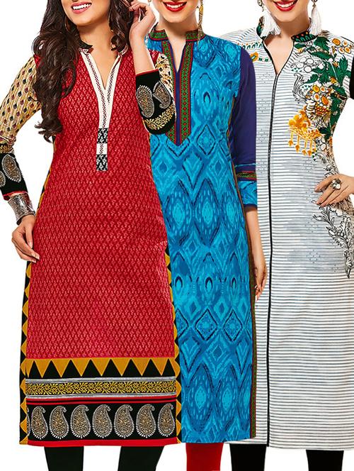 set of 3 multi colored cotton unstitched kurta - 13378824 - Very Small Image - 1