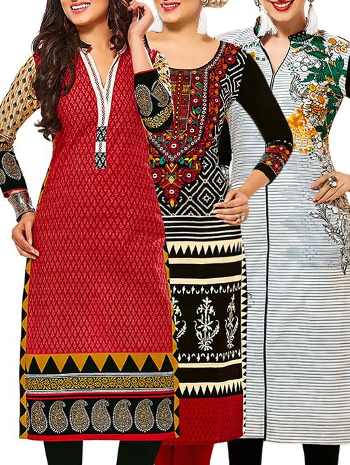 set of 3 multi colored cotton unstitched kurta - 13378825 - Very Small Image - 1