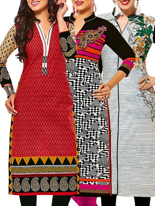 set of 3 multi colored cotton unstitched kurta - 13378826 - Very Small Image - 1