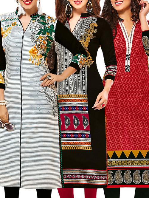 set of 3 multi colored cotton unstitched kurta - 13378828 - Very Small Image - 1