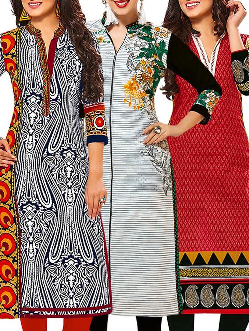 set of 3 multi colored cotton unstitched kurta - 13378829 - Very Small Image - 1