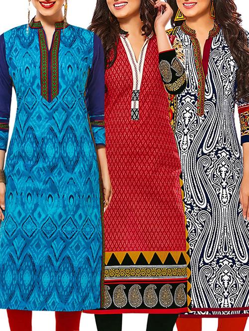 set of 3 multi colored cotton unstitched kurta - 13378834 - Very Small Image - 1