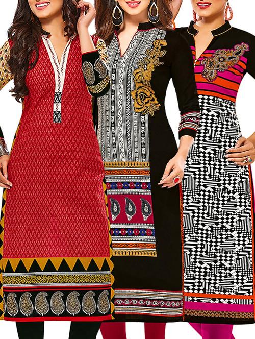 set of 3 multi colored cotton unstitched kurta - 13378840 - Very Small Image - 1