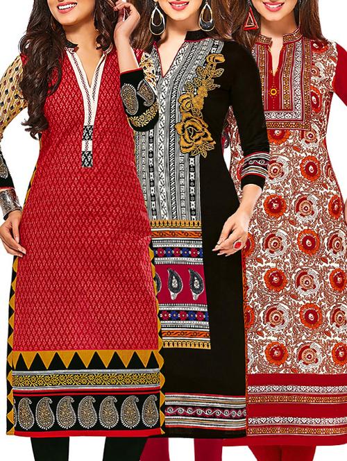 set of 3 multi colored cotton unstitched kurta - 13378842 - Very Small Image - 1