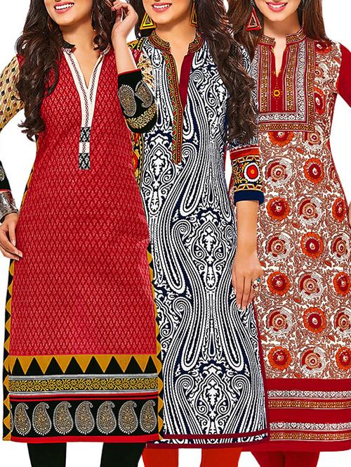 set of 3 multi colored cotton unstitched kurta - 13378843 - Very Small Image - 1
