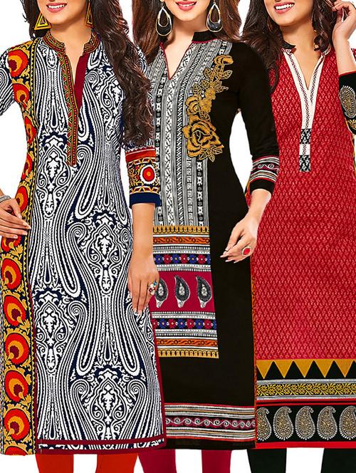 set of 3 multi colored cotton unstitched kurta - 13378844 - Very Small Image - 1