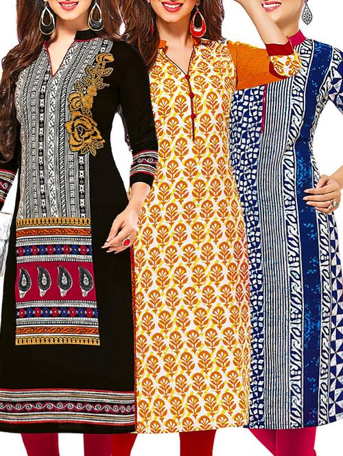 set of 3 multi colored cotton unstitched kurta - 13378855 - Very Small Image - 1