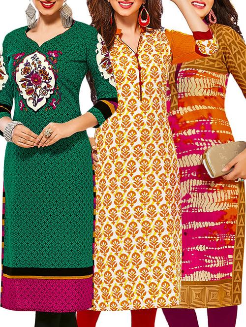 set of 3 multi colored cotton unstitched kurta - 13378860 - Very Small Image - 1
