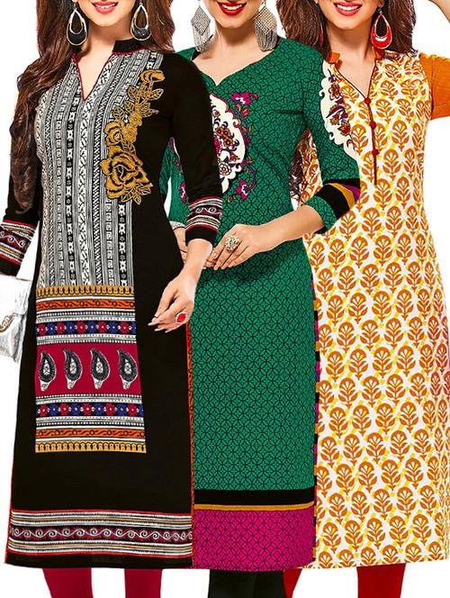 set of 3 multi colored cotton unstitched kurta - 13378866 - Very Small Image - 1