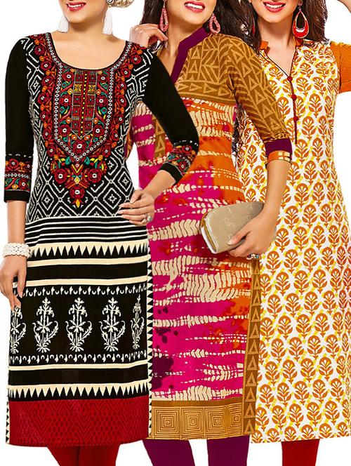 set of 3 multi colored cotton unstitched kurta - 13378897 - Very Small Image - 1