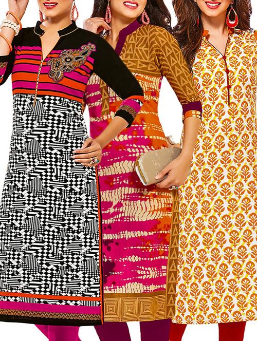 set of 3 multi colored cotton unstitched kurta - 13378898 - Very Small Image - 1