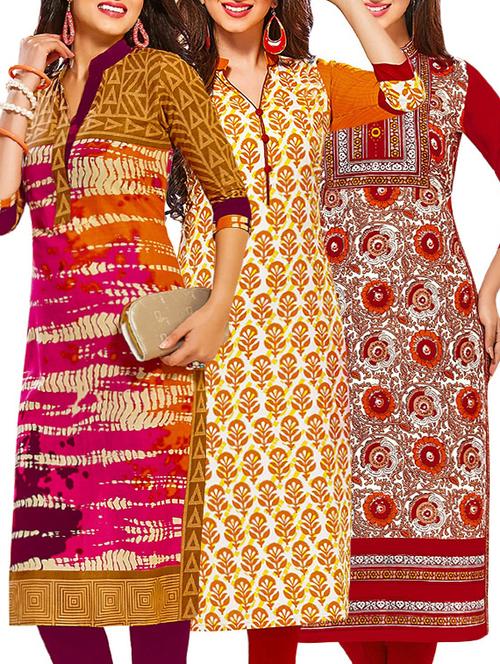 set of 3 multi colored cotton unstitched kurta - 13378899 - Very Small Image - 1